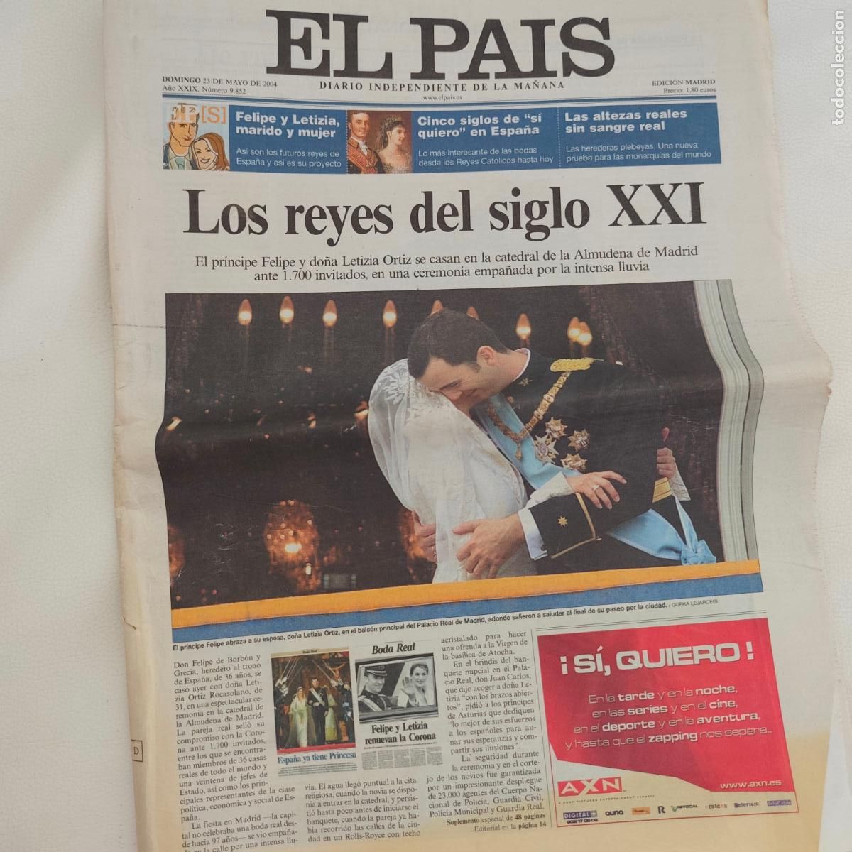 Coleccionismo de peri&oacute;dico El Pa&iacute;s: BODA DEL PRINCIPE FELIPE Y LETICIA. SUPLEMENTO DE 48 PAGINAS DEL DIARIO EL PAIS 23 MAYO 2004
