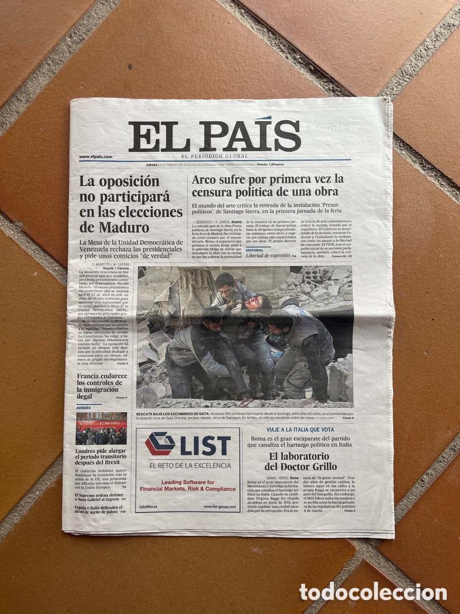 Coleccionismo de peri&oacute;dico El Pa&iacute;s: Peri&oacute;dico EL PA&Iacute;S - 22 febrero 2018 - Arco y Venezuela