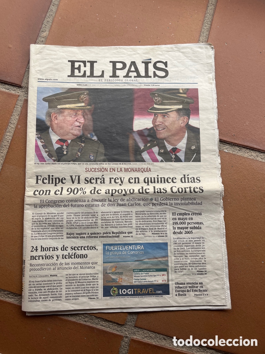 Coleccionismo de peri&oacute;dico El Pa&iacute;s: Peri&oacute;dico EL PA&Iacute;S 4 de junio 2014 - Sucesi&oacute;n Felipe VI y abdicaci&oacute;n Juan Carlos I