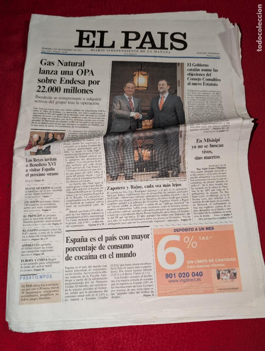 Collectionnisme de Journal El Pa&iacute;s: PERIODICO DIARIO EL PAIS 6 septiembre 2005 10320 ZAPATERO RAJOY
