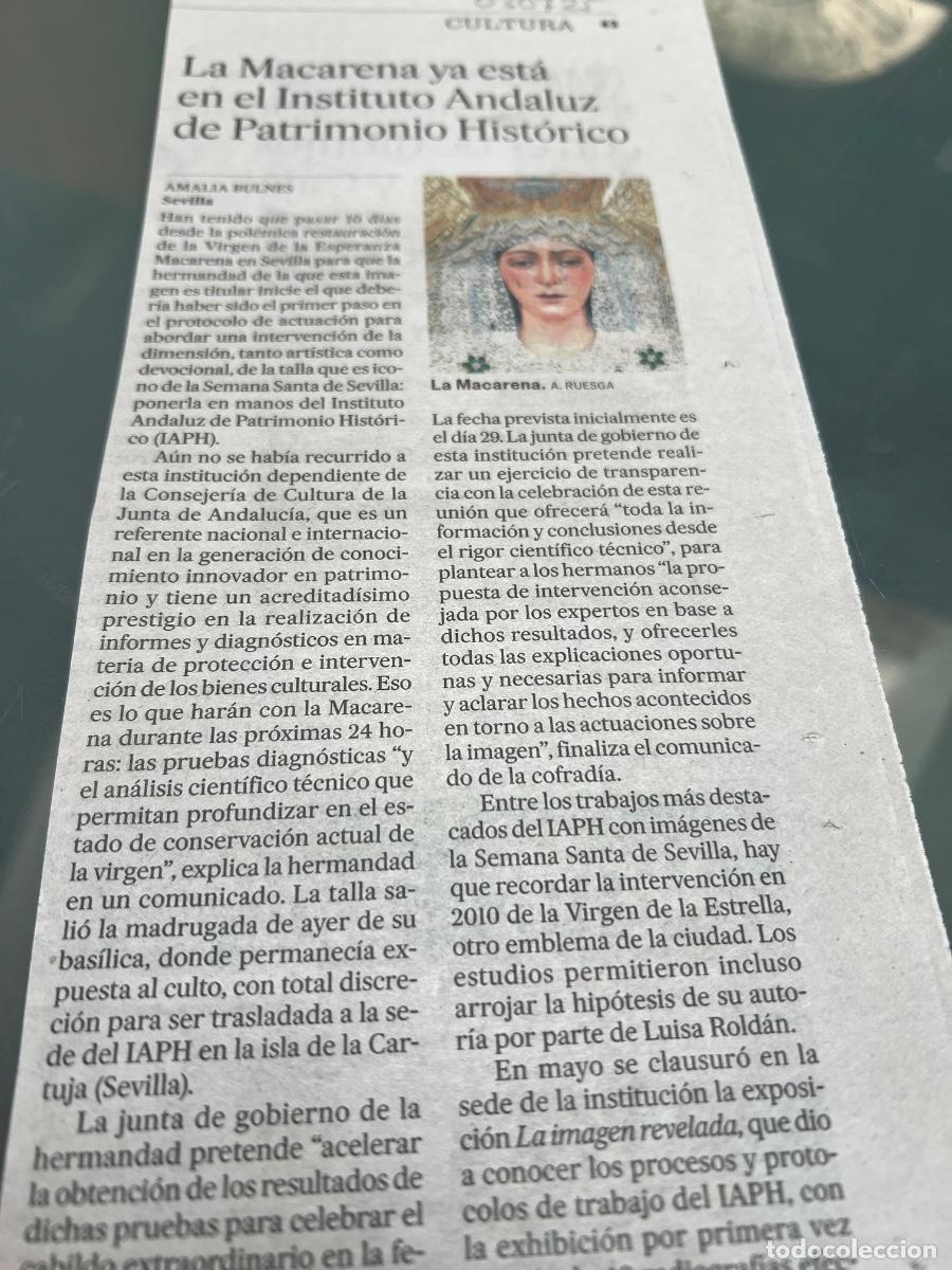 Coleccionismo de peri&oacute;dico El Pa&iacute;s: Art&iacute;culos sobre restauraci&oacute;n de la VIRGEN DE LA MACARENA de SEVILLA INSTITUTO ANDALUZ DE PATRIMONIO