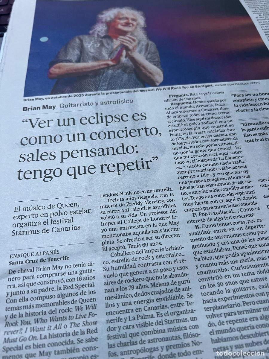 Coleccionismo de peri&oacute;dico El Pa&iacute;s: Art&iacute;culo sobre BRIAN MAY. QUEEN. ROCK. ASTROF&Iacute;SICA.
