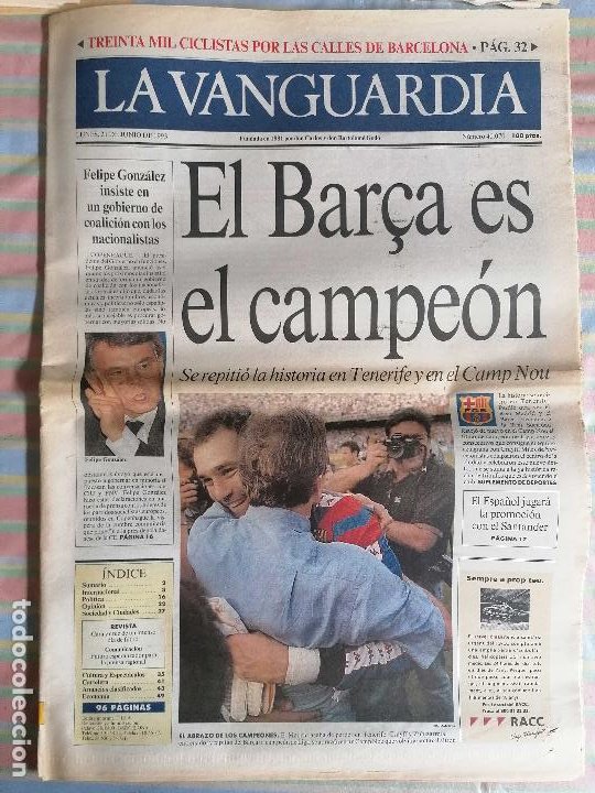 Coleccionismo Periódico La Vanguardia: LA VANGUARDIA 40070 21 de junio 1993 Barcelona Barca CAMPEON LIGA 2ª de Tenerife - Foto 1 - 265110909