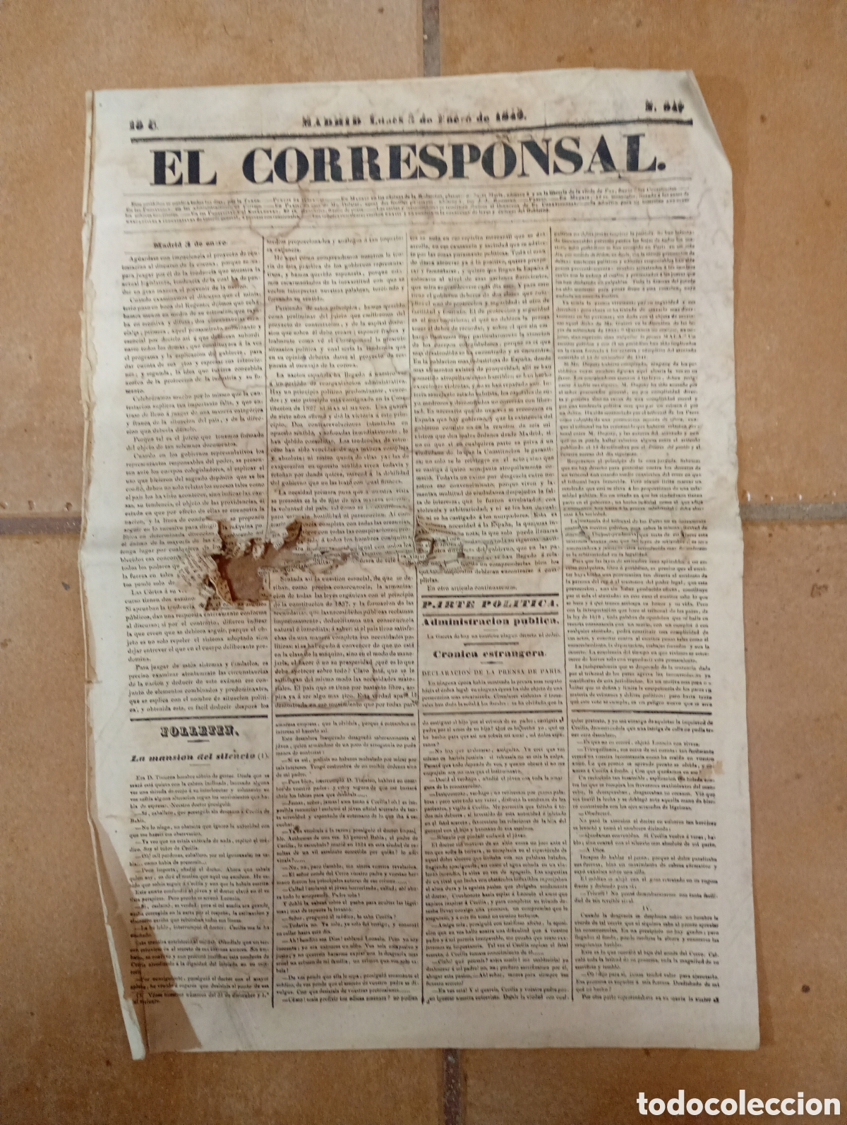Coleccionismo Peri&oacute;dico La Vanguardia: Madrid 1842 N&ordm;s. 3, 4, 5, 6 y 7 de enero ''EL CORRESPONSAL''