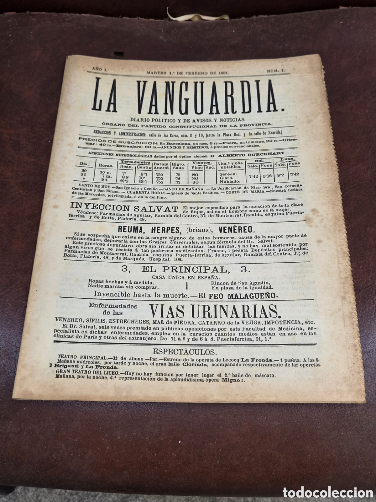 Coleccionismo peri&oacute;dico La Vanguardia: 1&ordm; ejemplar, La Vanguardia 1Febrero 1881. Reproducci&oacute;n original en el centenario