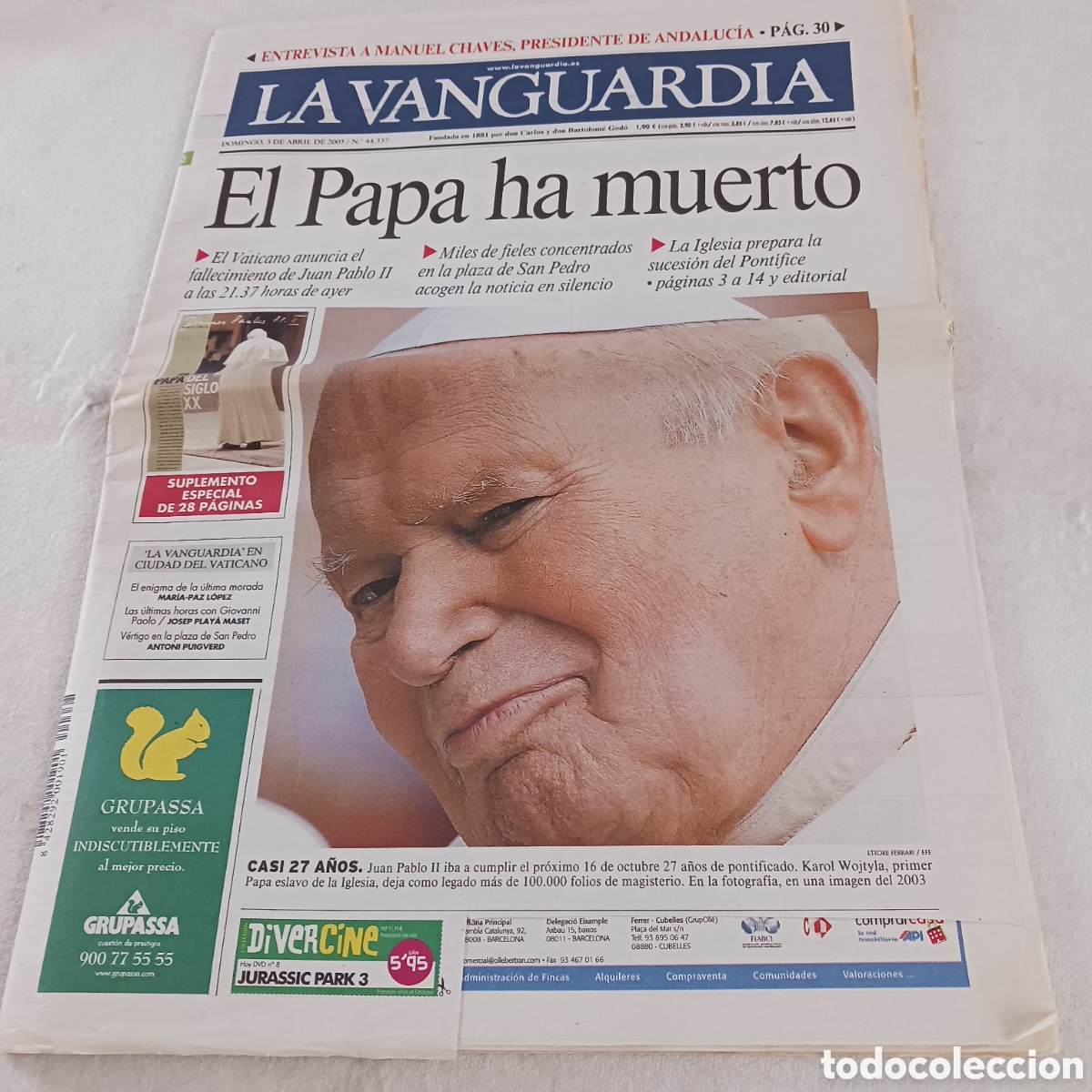 Colecionismo Jornal La Vanguardia: El Papa ha muerto,diario La Vanguardia num 44337 de 3abril 2005