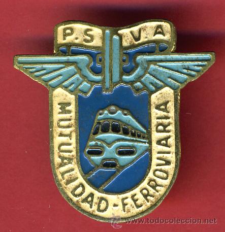 Sammlung von Pins: super pin ,mutualidad ferroviaria ,tren ps, 1969 , 2  x  3,50  cms., con clavo parte posterior rosca