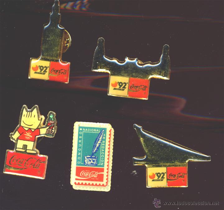 Pin's de collection: COCACOLA COCA COLA  LOTE DE 5 PINES   SEVILLA 92 JUEGOS DE BARCELONA CONCURSO REDACCION  LOS DE LA