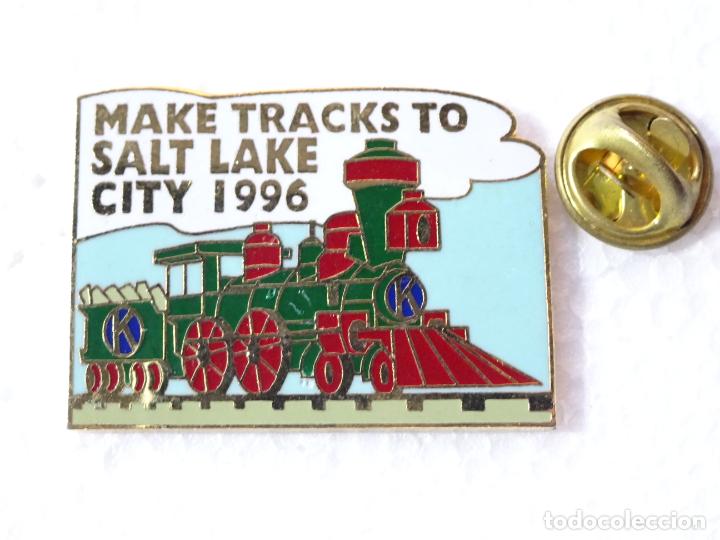 Pin's de collection: PIN DE TRENES FERROCARRILES. CANAD&Aacute; ESTADOS UNIDOS. MAKE TRACKS TO SALT LAKE CITY 1996