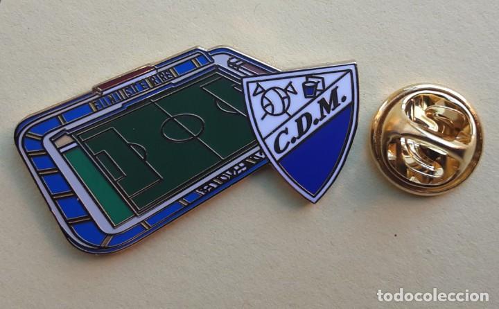 Sammlung von Pins: PIN FUTBOL -ESMALTE - ESCUDO MAS ESTADIO . - C.D. MOSTOLES - ESTADIO EL SOTO - MPSTOLES - MADRID