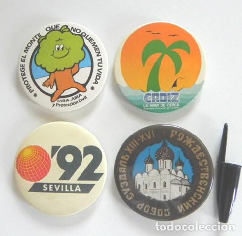 Pins e Spille di collezione: LOTE CHAPAS CON IMPERDIBLE GRANDE - EXPO92 ( EXPO 92 )DE SEVILLA -PROTEGE EL MONTE MAR C&Aacute;DIZ -NO PIN