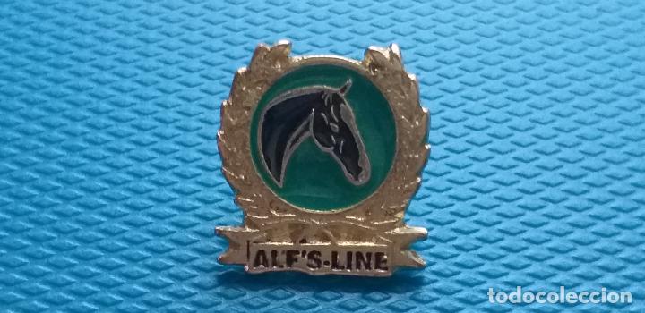 Collection pins: PIN IMAGEN DE CABEZA DE CABALLO. LETRAS alf's line. DORADO. METAL