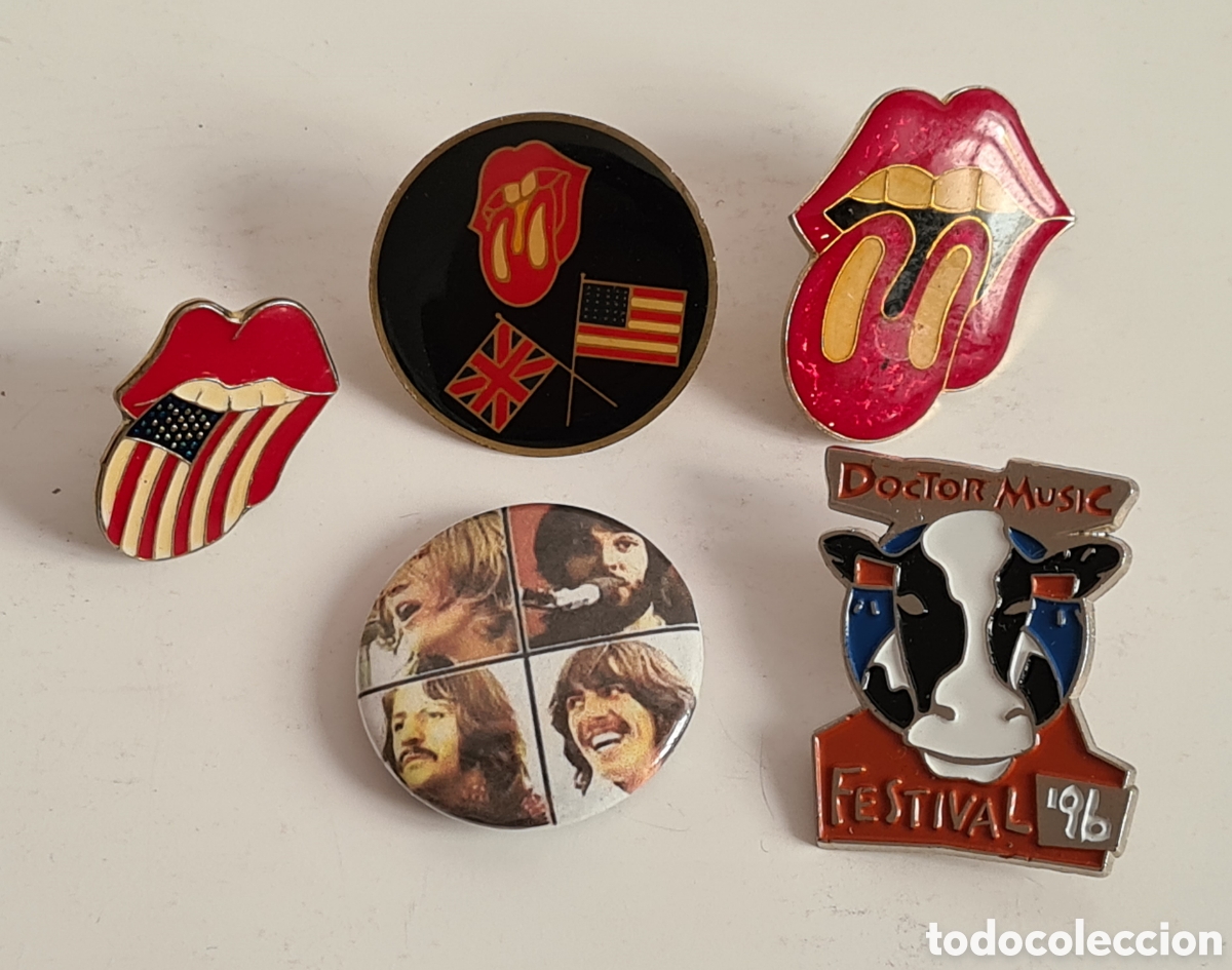 Pins de colecci&oacute;n: 5 Pins Chapas Labios Lengua Rolling Stones Beatles USA England Doctor Music Festival 96 - Rock Pop