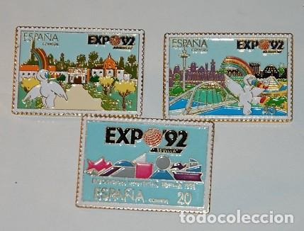 Pins de colecci&oacute;n: SEVILLA EXPO 92 3 SELLOS METALICOS EN FORMATO PIN EMITE CORREOS