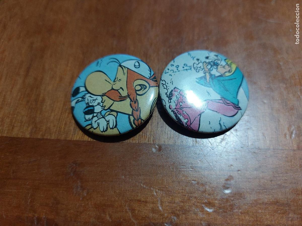 Sammlung von Pins: BESANDO A IDEFIX. ASTERIX. COMIC. 2 CHAPA. PIN. 31 MM. MET&Aacute;LICA POR DETR&Aacute;S. SIN USO. DIFICIL