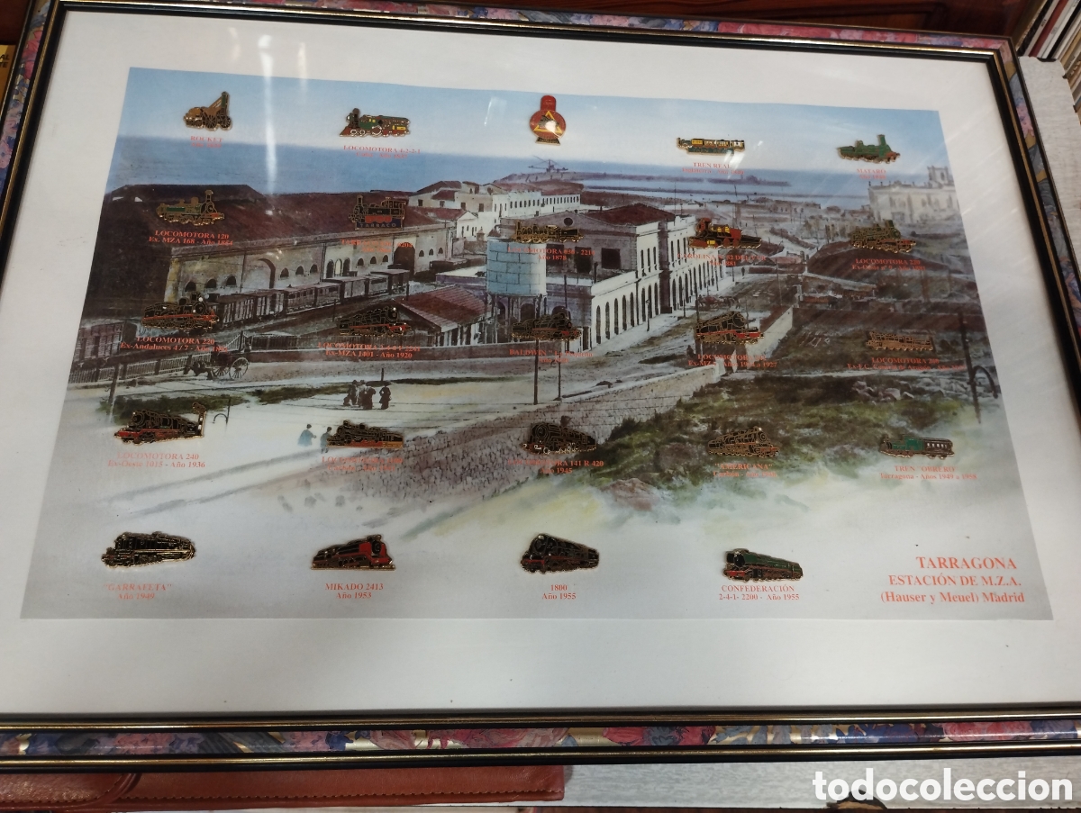 Pins de colecci&oacute;n: Precioso cuadro con 24 pins de locomotoras Tarragona estaci&oacute;n de M.Z.A