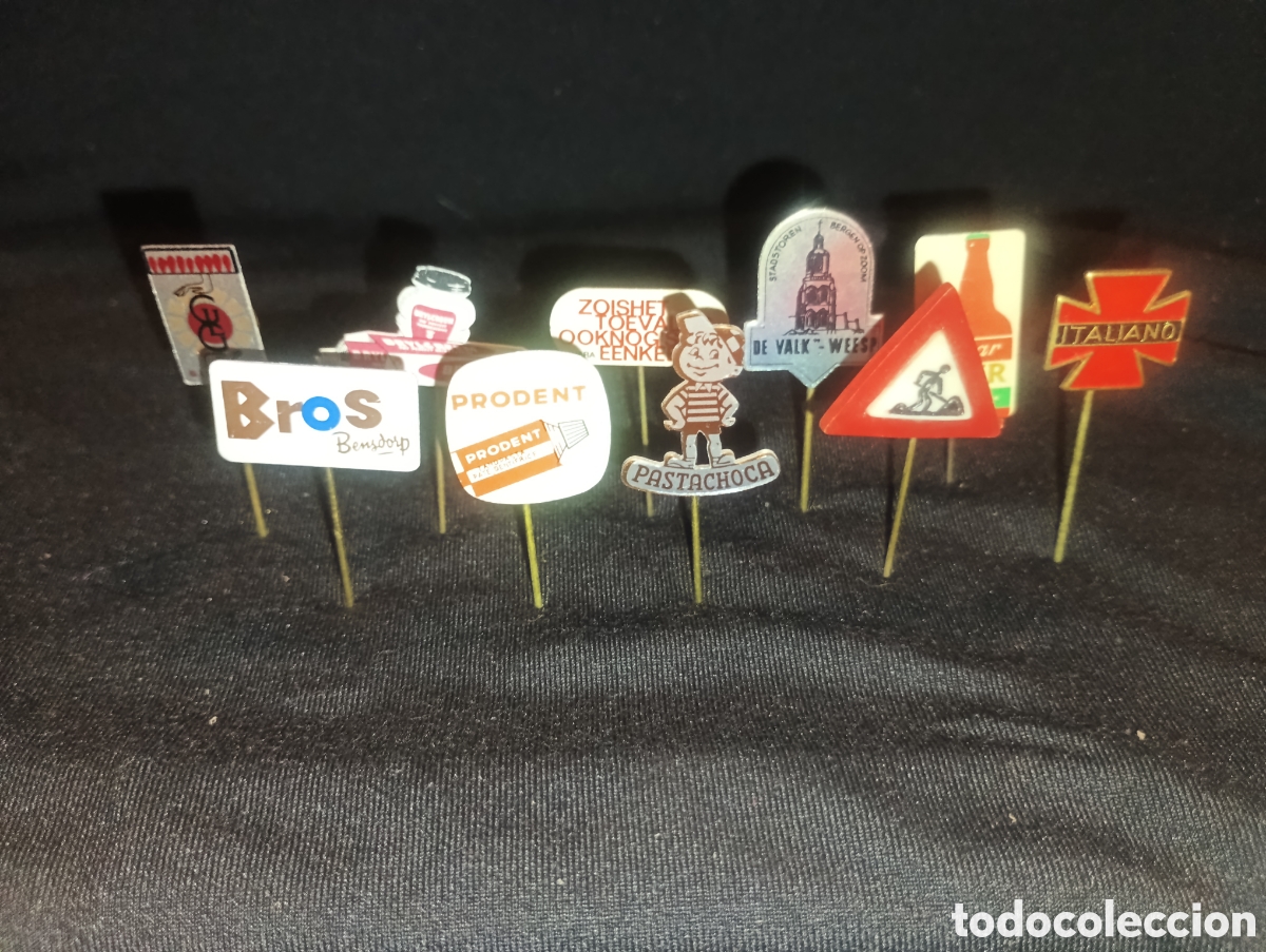 Pins de colecci&oacute;n: Lote 10 alfiler aguja pins a&ntilde;os 60 cruz roja se&ntilde;al de trafico pasta dental marcas publicidad lote 14
