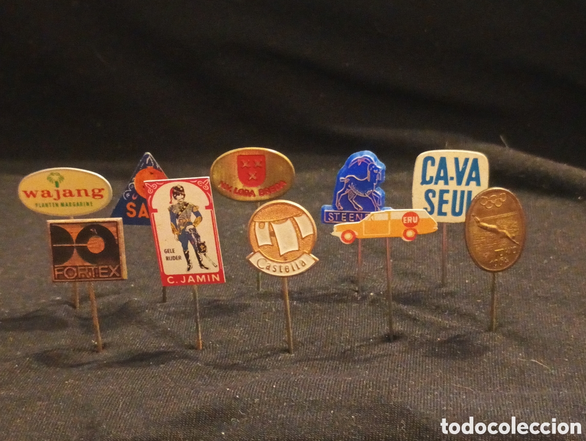 Pins de colecci&oacute;n: Lote 10 alfiler aguja pins a&ntilde;os 60 Tokio 1964 nataci&oacute;n coche c jamin castella publicidad lote 23