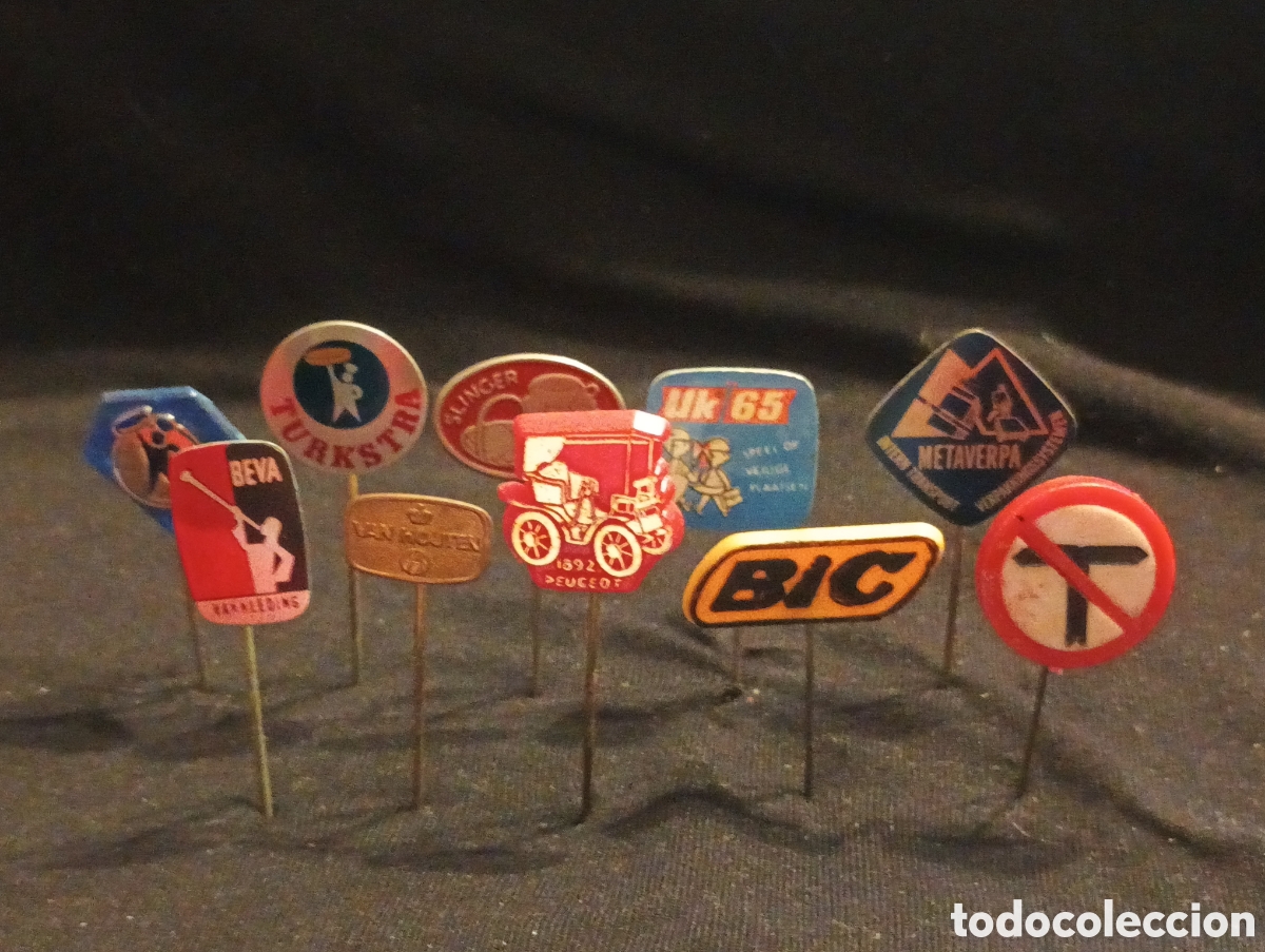 Pins de colecci&oacute;n: Lote 10 alfiler aguja pins a&ntilde;os 60 bol&iacute;grafo BIC se&ntilde;al de trafico coche Peugeot lote 25