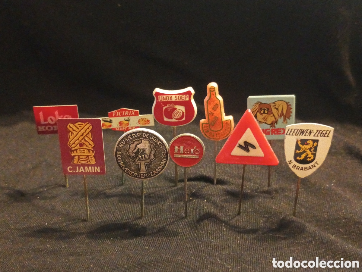 Pins de colecci&oacute;n: Lote 10 alfiler aguja pins a&ntilde;os 60 Hero se&ntilde;al de trafico escudo c jamin publicidad lote 27