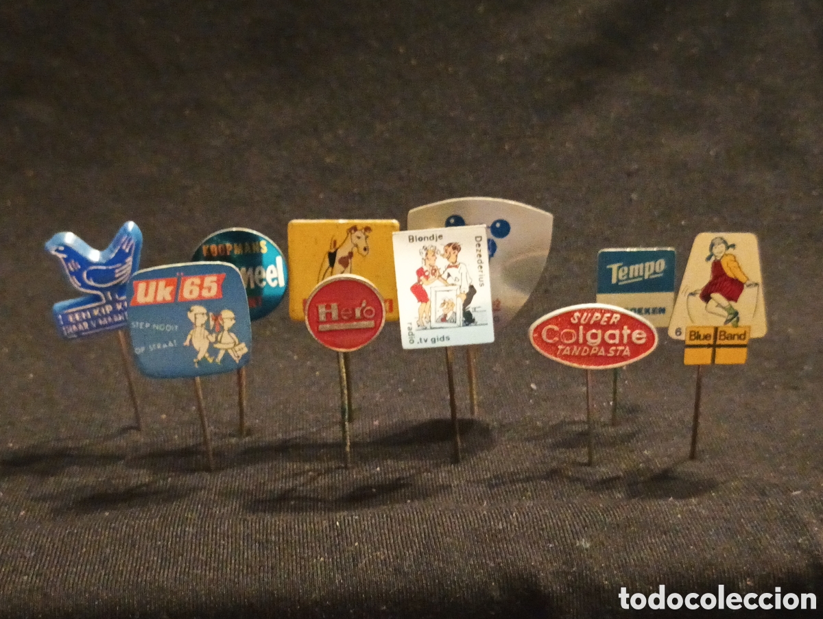 Pins de colecci&oacute;n: Lote 10 alfiler aguja pins a&ntilde;os 60 colgate blue band Hero publicidad lote 32