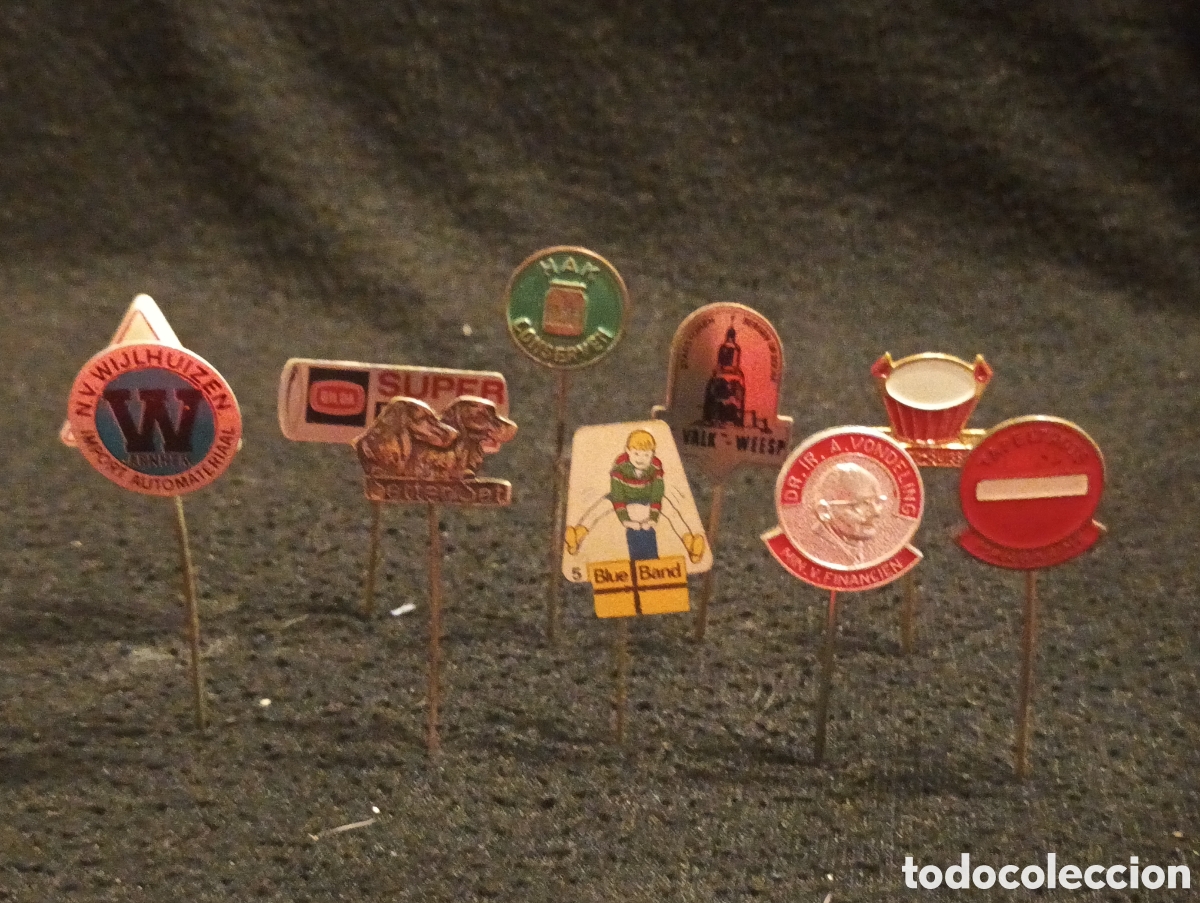 Pins de colecci&oacute;n: Lote 10 alfiler aguja pins a&ntilde;os 60 blue band se&ntilde;al de trafico personaje perro franco suisse lote 5
