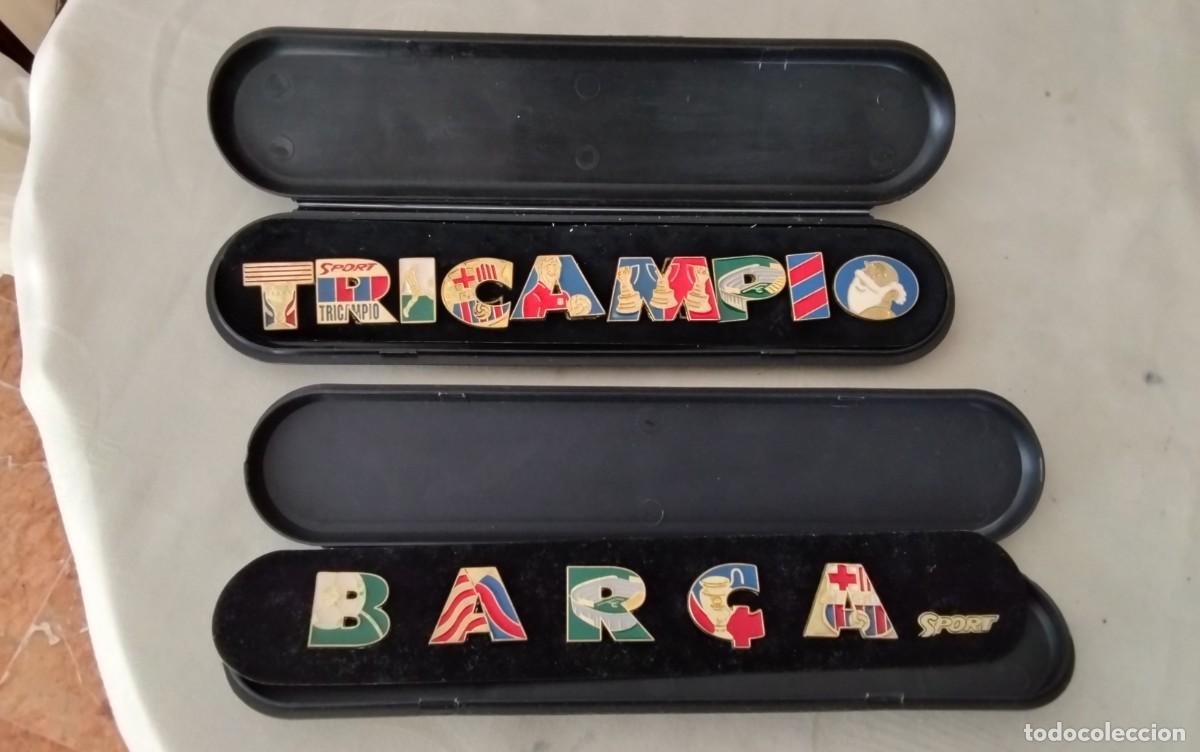 Pins de colecci&oacute;n: F.C. BARCELONA DOS ESTUCHES DE PINS , &rdquo;TRICAMPEO&rdquo; Y &rdquo;BARCA&rdquo; , A&Ntilde;OS 90