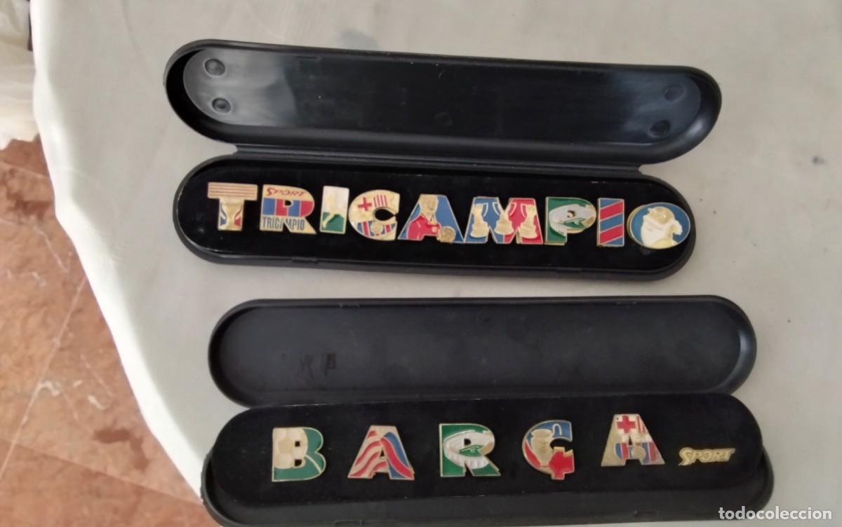 Pins de colecci&oacute;n: F.C. BARCELONA , DOS ESTUCHES DE PINS &rdquo;TRICAMPEO&rdquo; Y &rdquo;BARCA&rdquo; , A&Ntilde;OS 90 , BUEN ESTADO