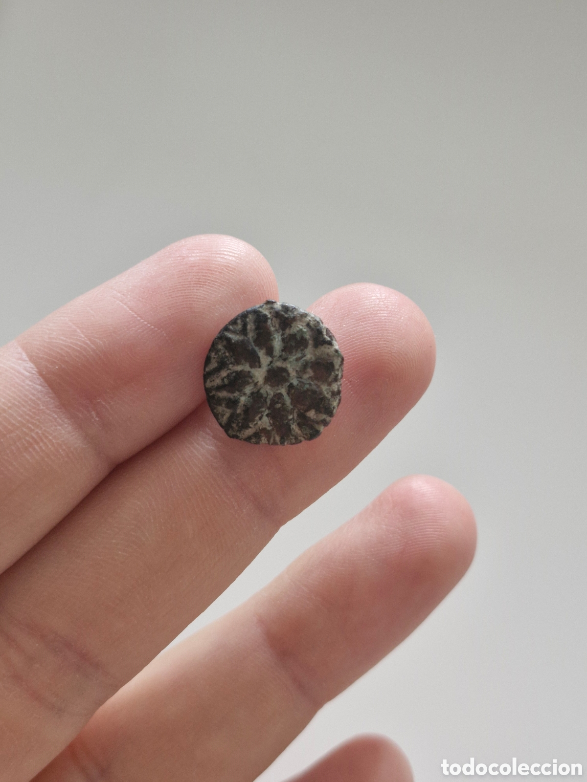 Pins de colecci&oacute;n: Antiguo bot&oacute;n / aplique de bronce con relieve de estrella o flor.