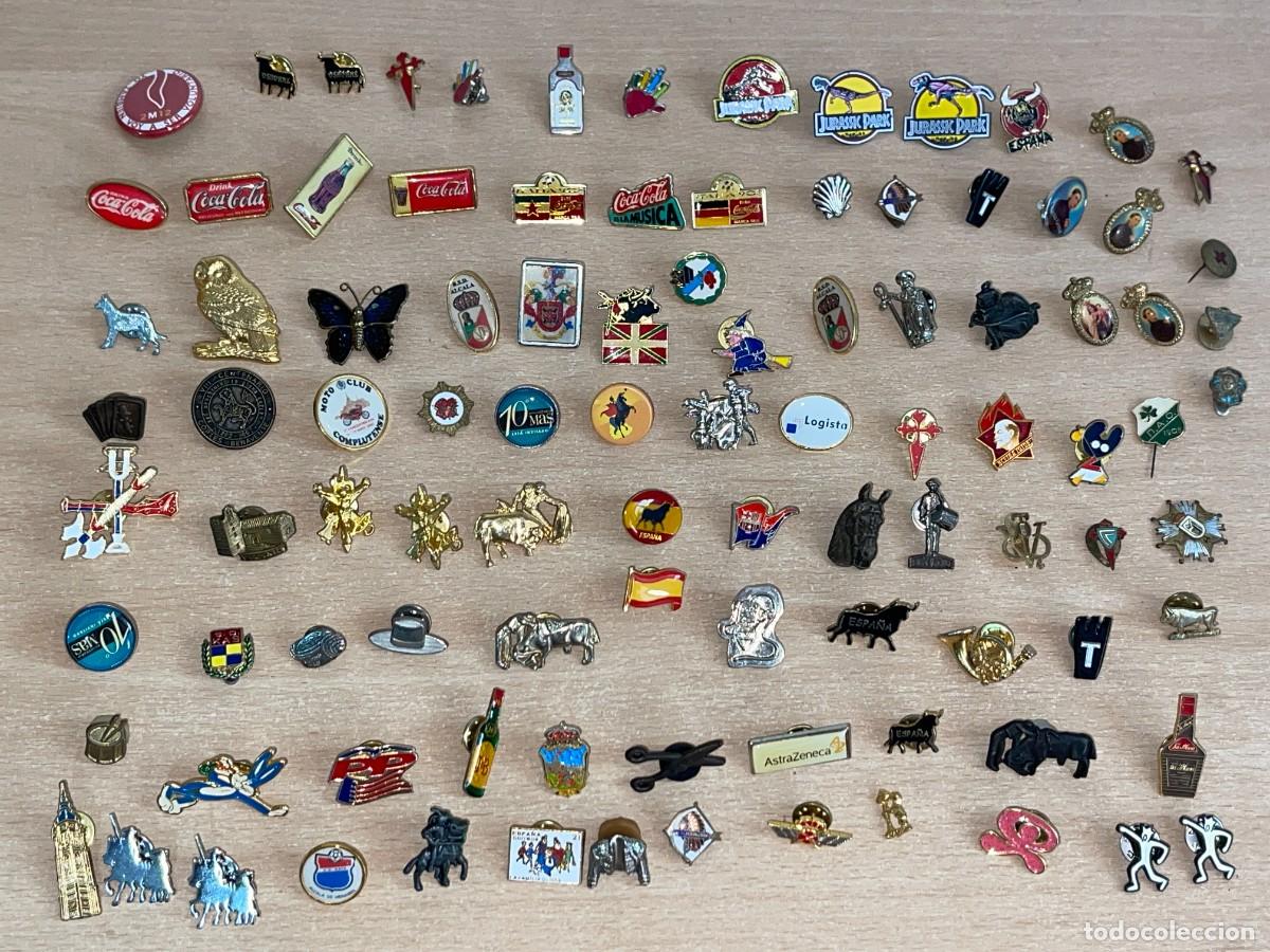Pins de colecci&oacute;n: 21- Mega Lote 99 Pins toros v&iacute;rgenes santos Espa&ntilde;a Coca-Cola Osborne Jurassic J&B Barsa Bugs Bunny