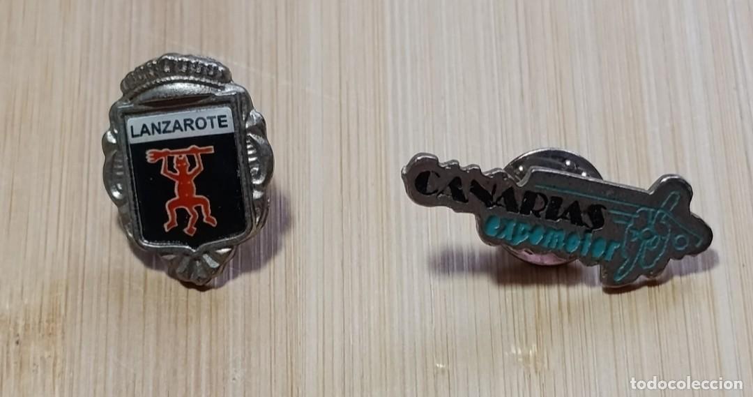 Pins de colecci&oacute;n: Lote de 2 Pins Canarias &ndash; Lanzarote (Diablo de Timanfaya) y Canarias Expomotor