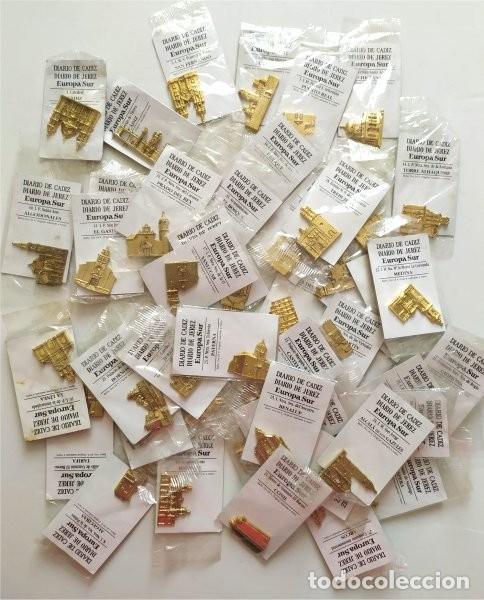 Sammlung von Pins: 45 insignias. Monumentos de C&aacute;diz y provincia. Diario de C&aacute;diz. Diario de Jerez. Ba&ntilde;o oro 24 K.