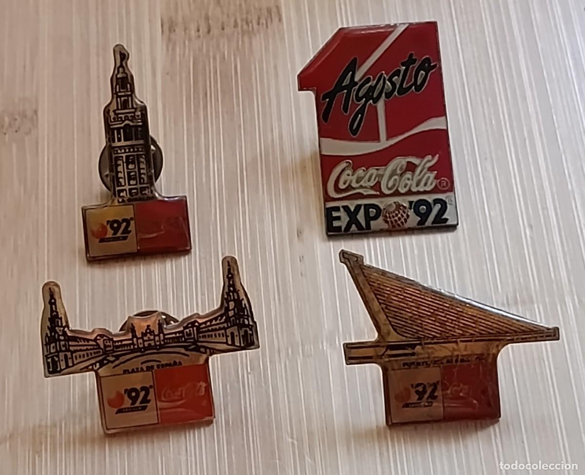 Pins de colecci&oacute;n: Lote de 4 Pins Oficiales Expo '92 Sevilla &ndash; Coca-Cola Giralda, Plaza de Espa&ntilde;a, Alamillo y 1 Agosto