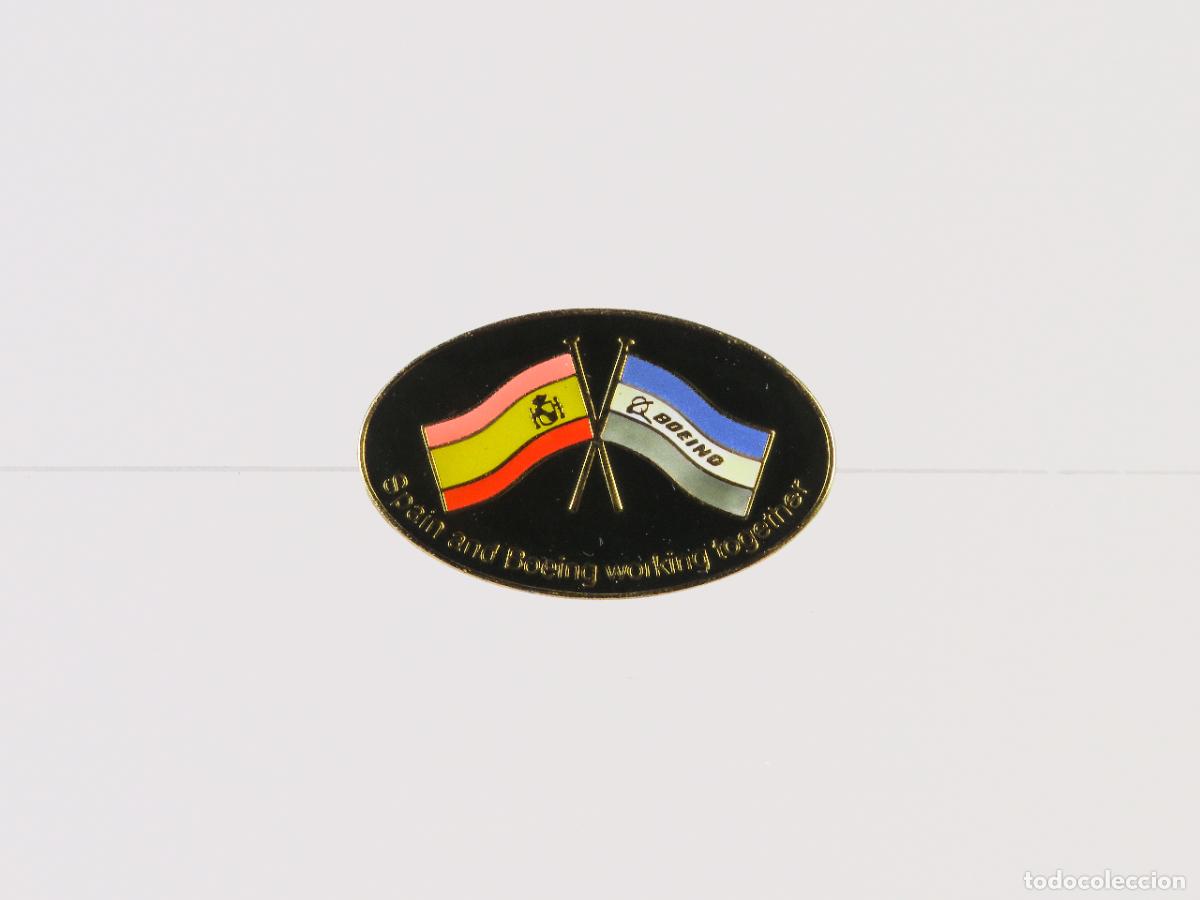 Pins de colecci&oacute;n: Pin avi&oacute;n Espa&ntilde;a y Boeing working together metal dorado esmalte segunda mitad S XX