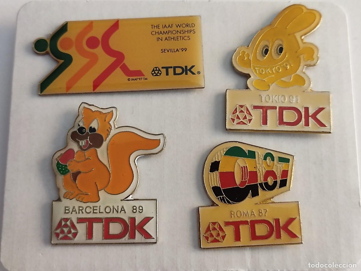 Pins de colecci&oacute;n: LOTE DE 4 PINS TDK- MUNDIALES DE ATLETISMO (SEVILLA 99, TOKIO 91,BARCELONA 89 Y ROMA 87)