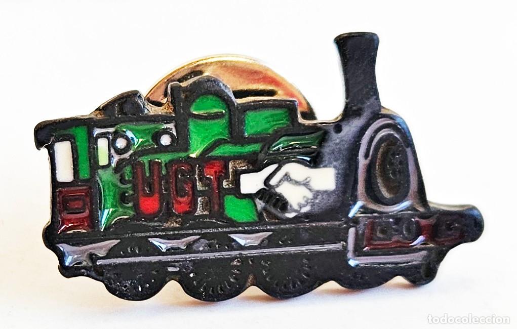 Pins de colecci&oacute;n: PIN METALICO SOLAPA SINDICATO UGT ANTIGUA LOCOMOTORA VAPOR RENFE 2 X 1 CM
