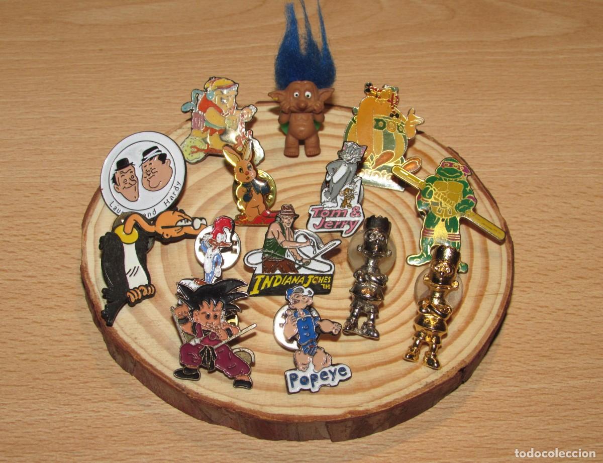 Pins de colecci&oacute;n: Lote 14 pin Picapiedra Troll Obelix Mortadelo Tortuga Ninja Indiana Jones Goku Popeye Simpson