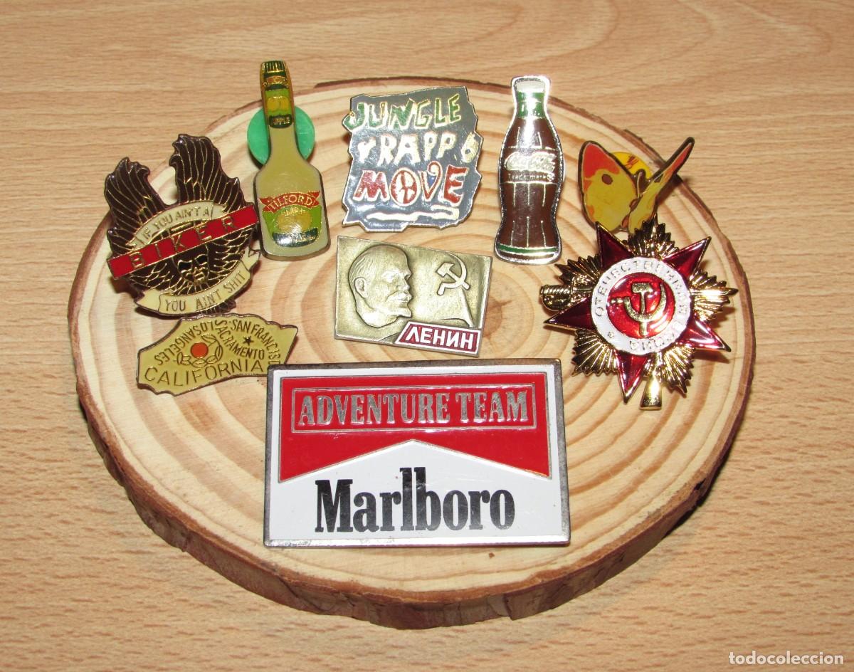 Pins de colecci&oacute;n: Lote 9 pin Marlboro Lenin URSS Orden sovi&eacute;tica estrella roja Coca-Cola Biker Jungle Rapp Move