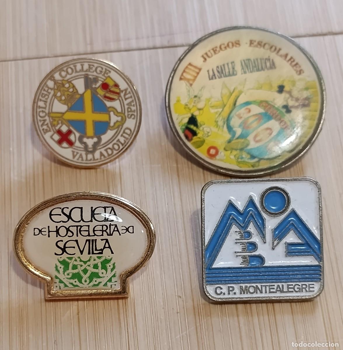 Pin's de collection: Lote de 4 Pins Vintage Tem&aacute;tica Educaci&oacute;n y Escuelas: La Salle, English College, Hosteler&iacute;a Sevilla