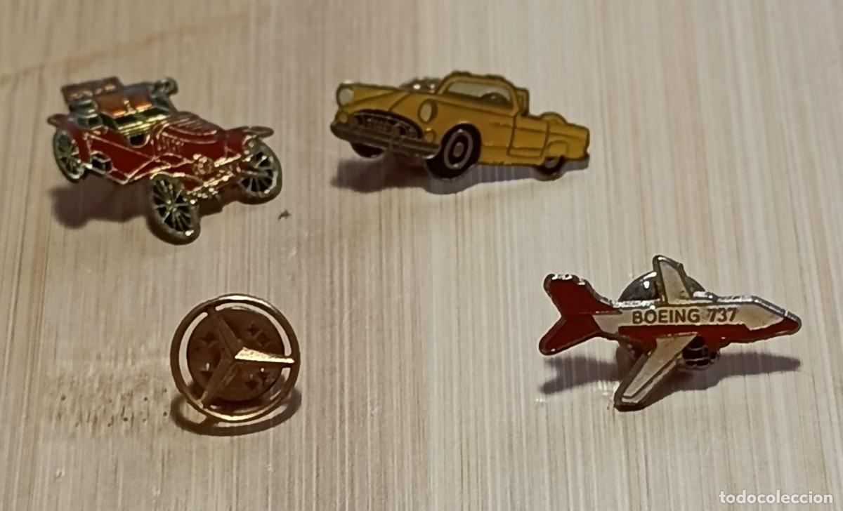 Collection pins: Lote de 4 Pins Vintage Tem&aacute;tica Veh&iacute;culos Transporte Coches Cl&aacute;sicos Mercedes-Benz Avi&oacute;n Boeing 737