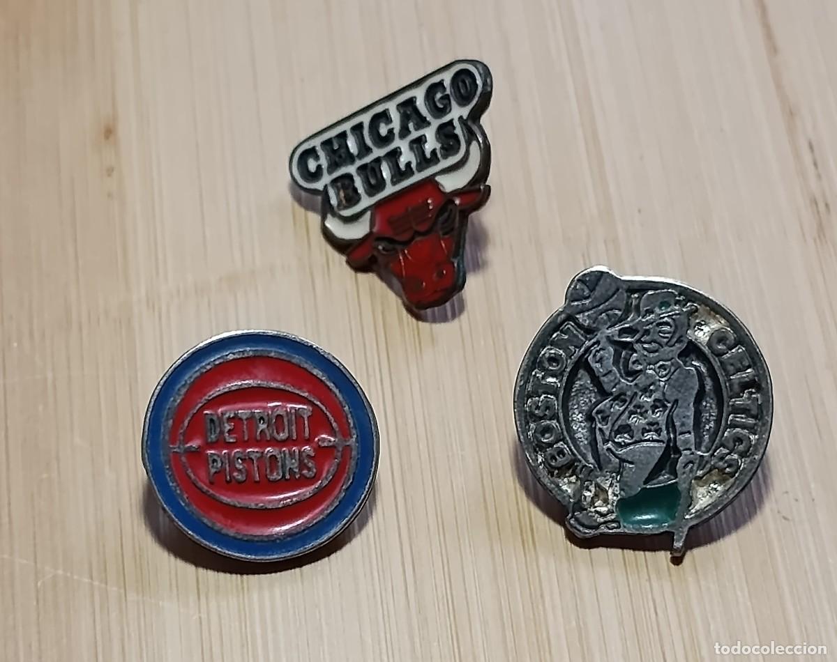 Pin's de collection: Lote 3 pines NBA vintage 1992 Chicago Bulls Boston Celtics y Detroit Pistons Licencia Oficial NBAI