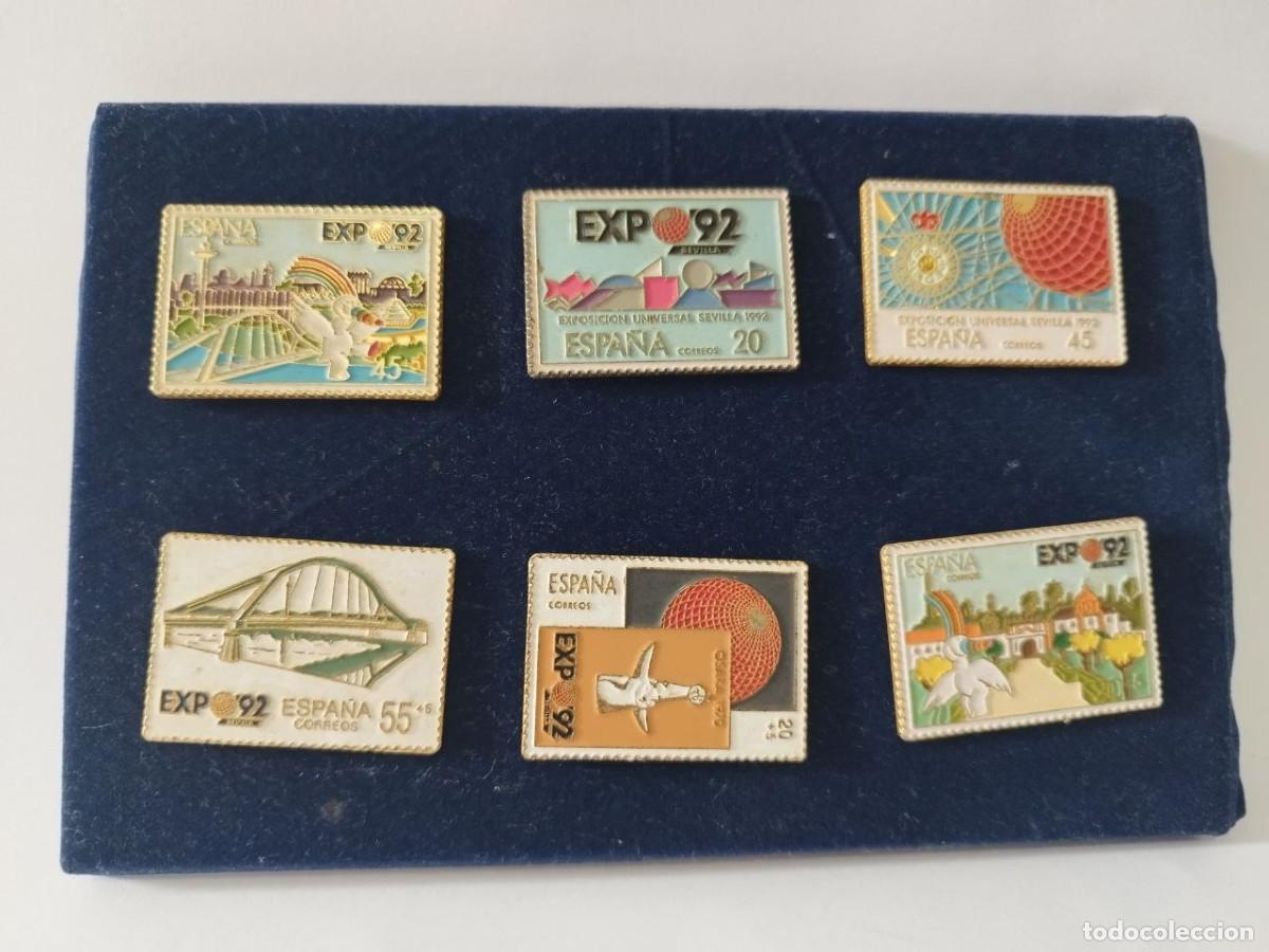 Pins de colecci&oacute;n: Lote 6 pins Expo 92 Sevilla tipo sellos Correos &ndash; Curro &ndash; &laquo;Hecho a mano&raquo;