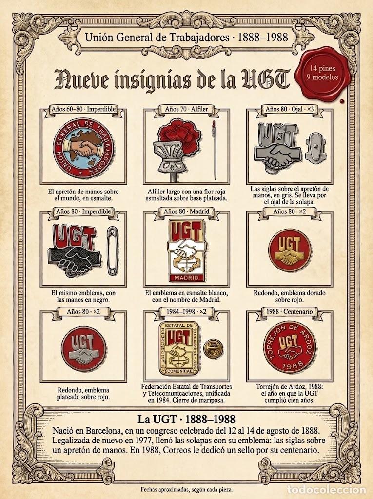 Pins de colecci&oacute;n: Lote 14 Pines e Insignias UGT A&ntilde;os 70 y 80