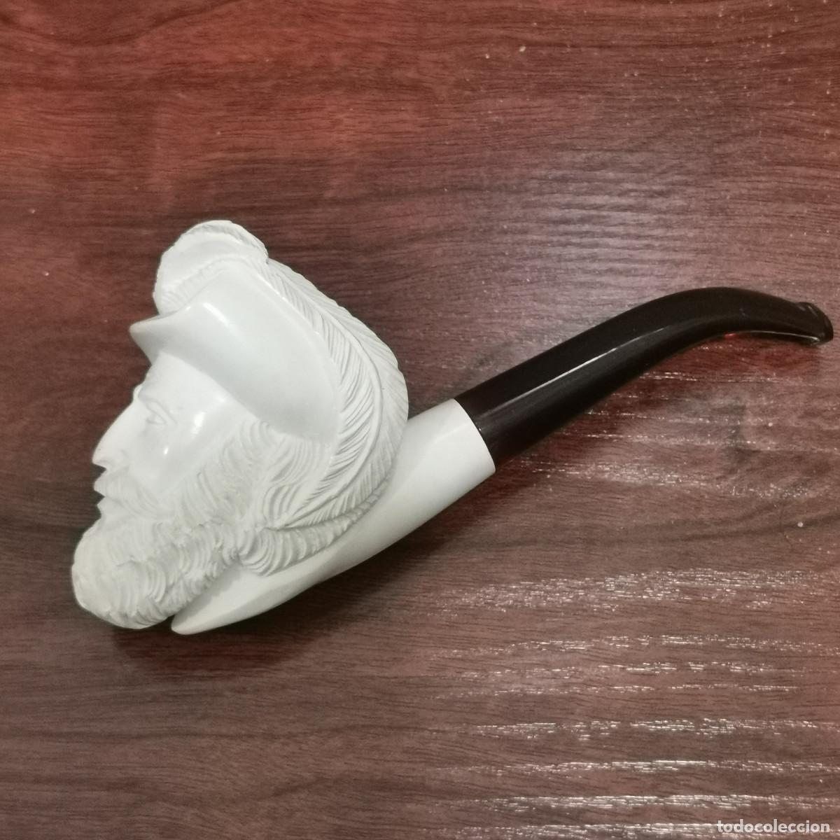 Smoking pipes: Pipa tallada tipo meerschaum ( espuma de mar ) cabeza barbada + estuche