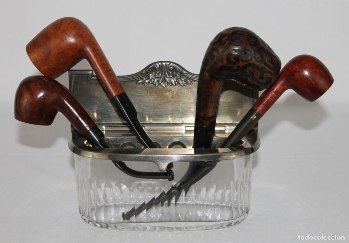 Pipas de fumar: Lote de 4 pipas de fumar con soporte art nouveau. Marcas Briar, Everest y Dun.King