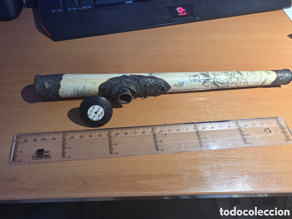 Pipas de fumar: Pipa de opio de viaje en hueso y metal original finales siglo XIX