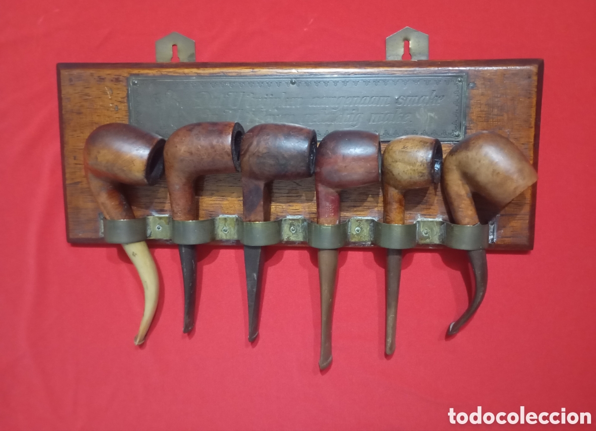 Pipes: 6 Pipas Hilson Albertson Dr Boston boquilla cuerno y expositor madera lat&oacute;n Flandes 30x11 Vintage