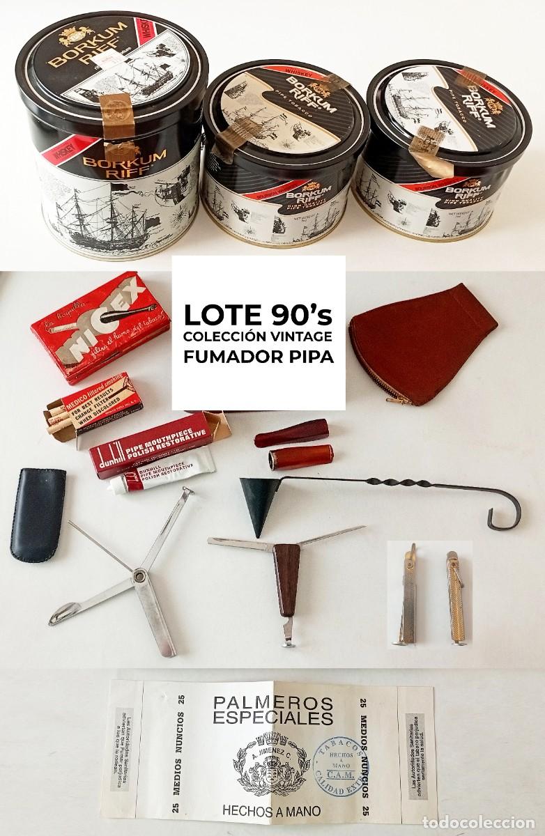 Pipas de fumar: Lote Liquidaci&oacute;n Fumador A&ntilde;os 90: 3 Latas Borkum Riff, Crema Dunhill, Boquilla Nicex y Accesorios