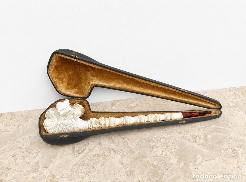 Pipas de fumar: ESPECTACULAR PIPA DE ESPUMA DE MAR O SEPIOLITA CON SU FUNDA ORIGINAL, 47 CM DE LARGO