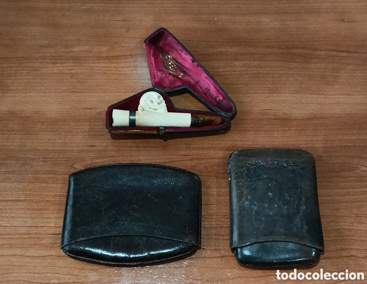 Pipas de fumar: Rar&iacute;sima Pipa para Cachimba S. XIX ( Marfil - Hueso,. &Aacute;mbar y Plata) m&aacute;s 2 Petacas de Cuero Repujado